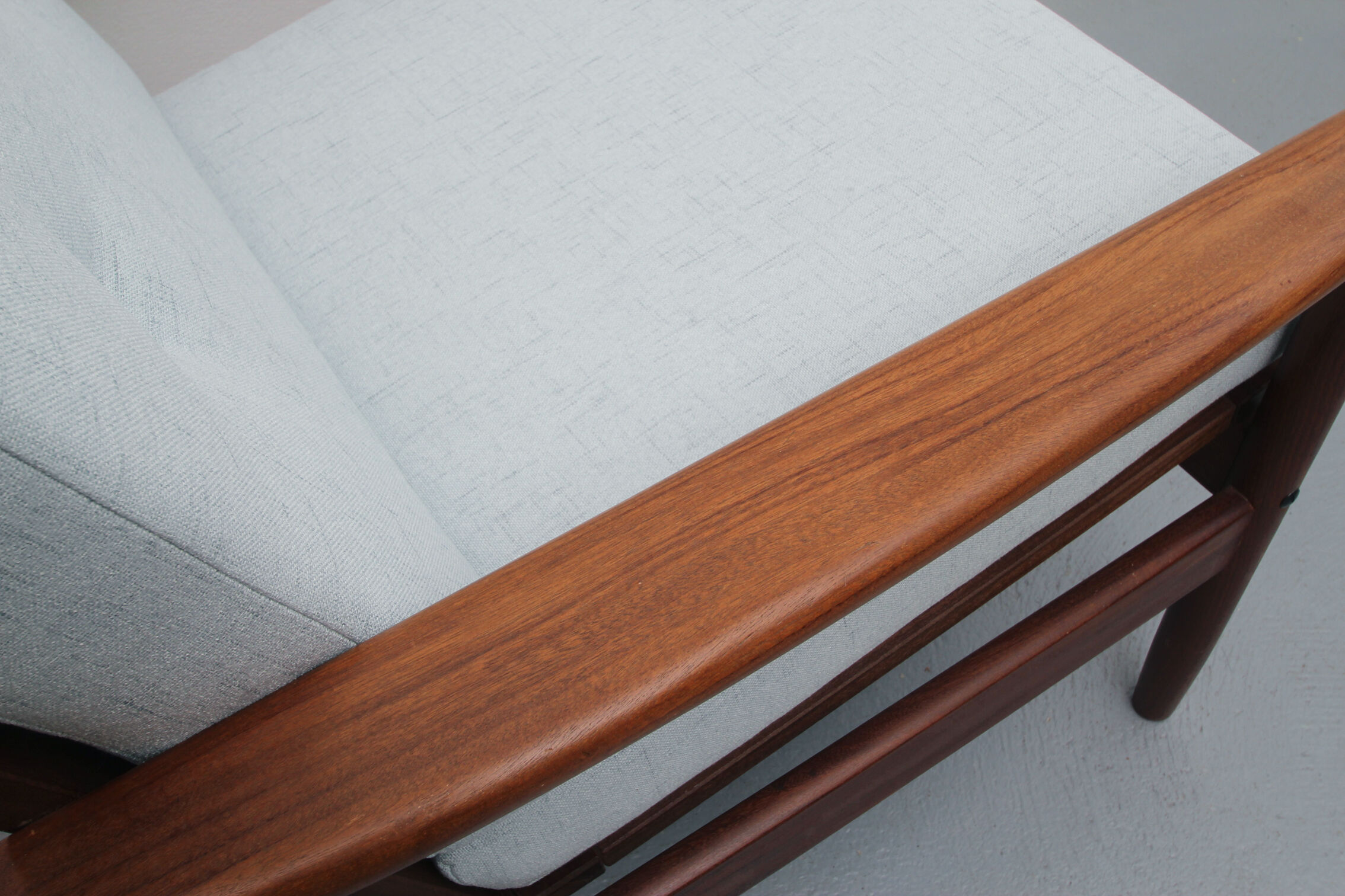 1960s teak armchair new cushions in grey-blue