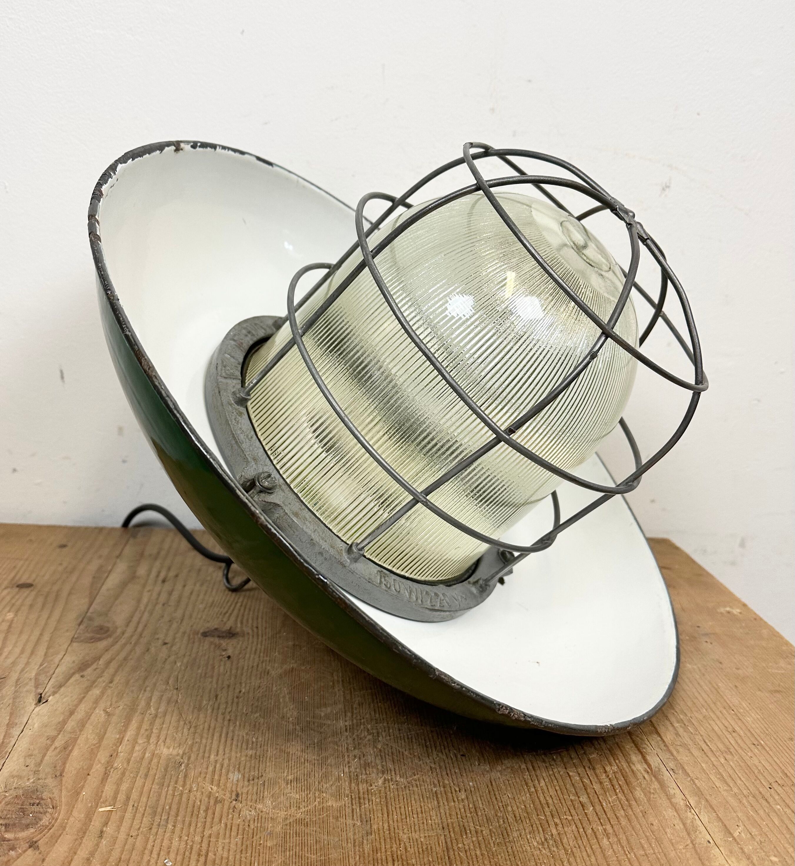 Industrial Green Enamel Factory Cage Pendant Lamp in Cast Iron from Zaos, 1960s