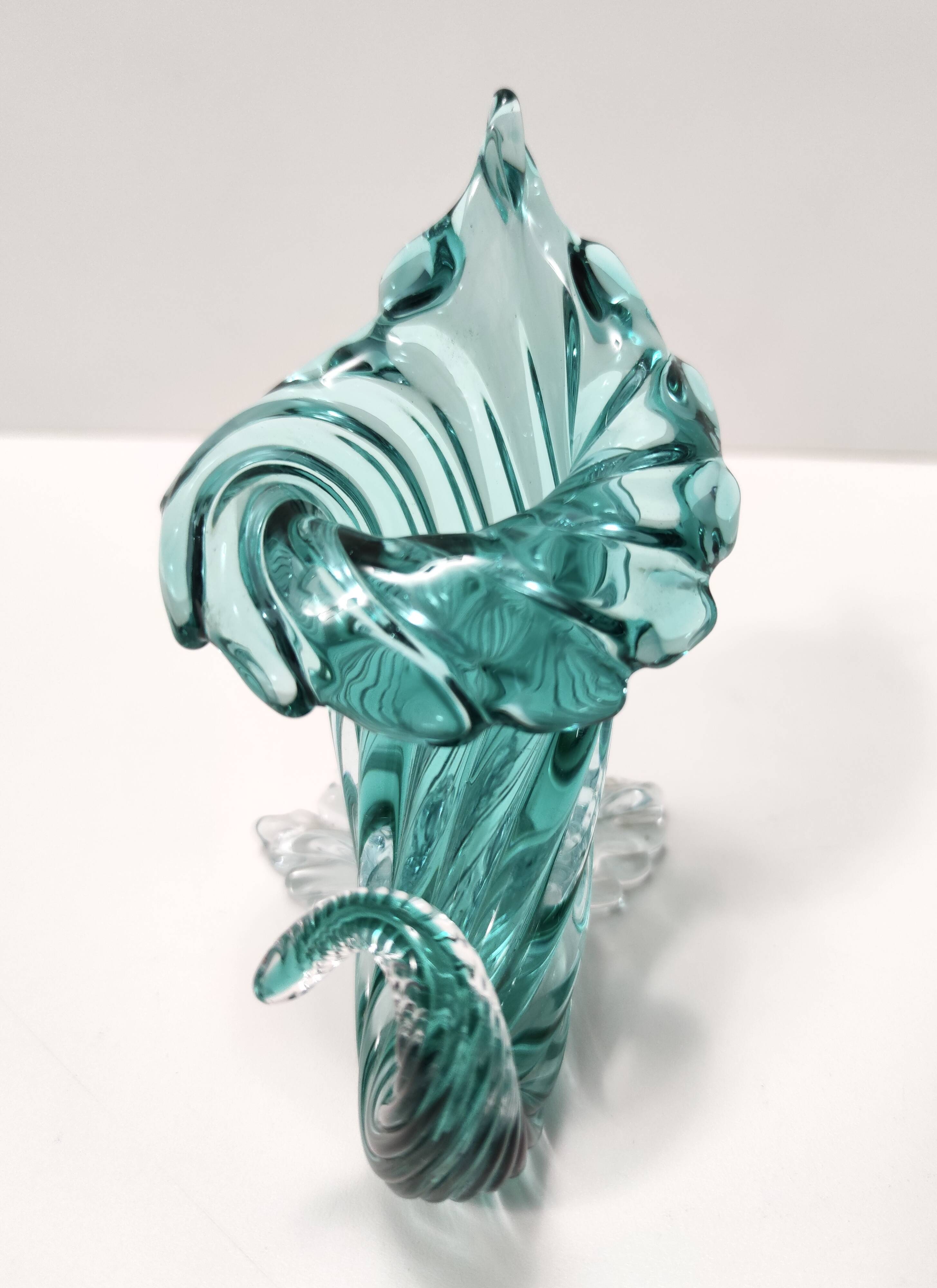 Teal Murano Glass Cornucopia Vase by Archimede Seguso, Italy