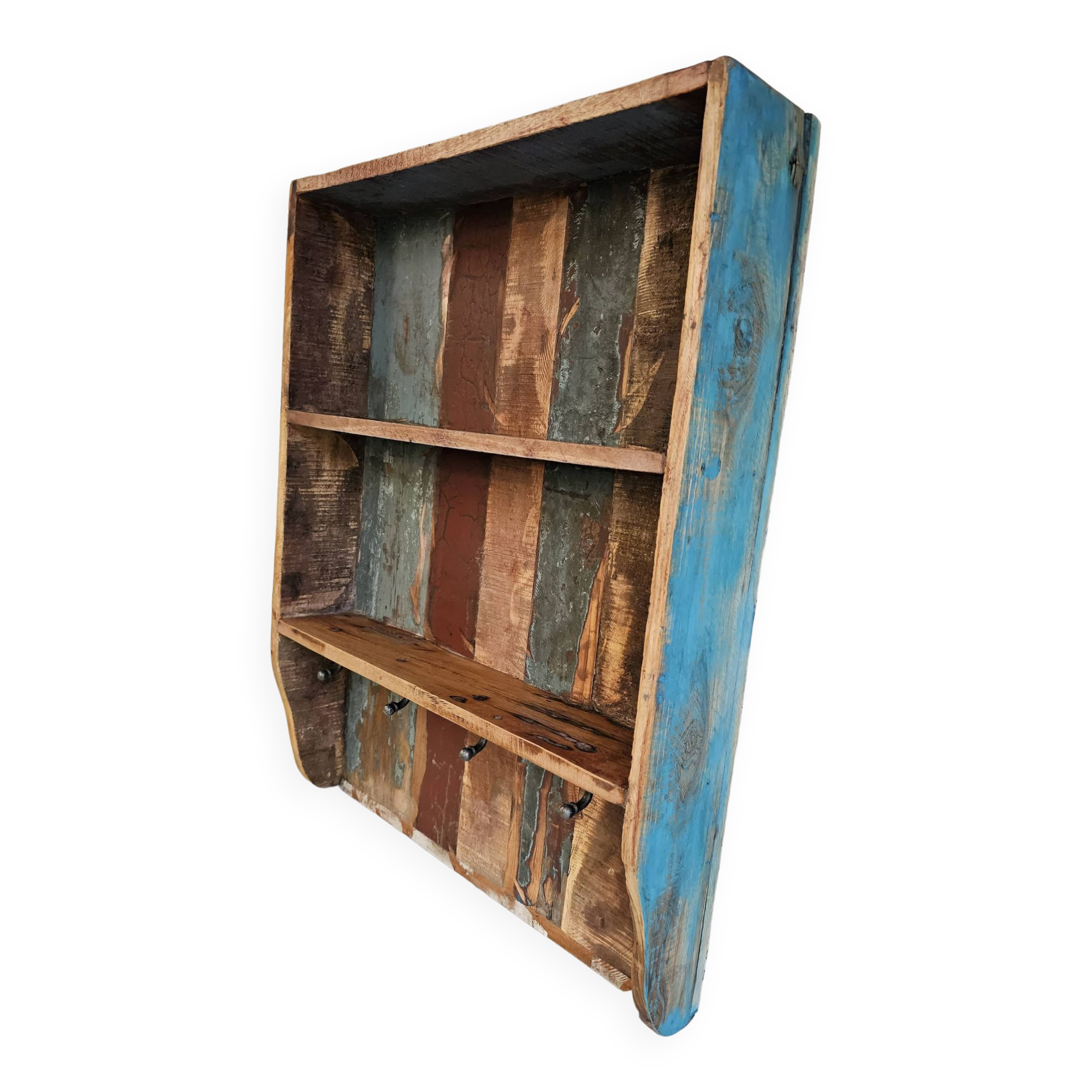 Wall shelf 3 shelves + 4 hooks cast iron in polychrome wood