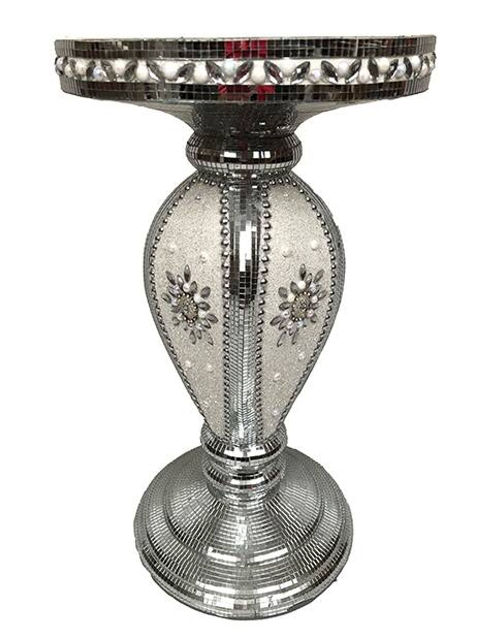 Small wooden pedestal table entirely covered with mirror mosaic