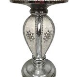 Small wooden pedestal table entirely covered with mirror mosaic