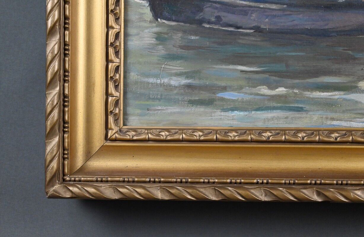Painting "Sailboats on Calm Sea", oil on canvas, signed C. Bustad – 1928