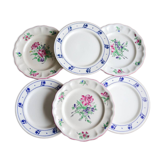 6 vintage pink and blue mismatched plates