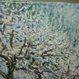 Tableau huile sur toile barque dans paysage enneigé