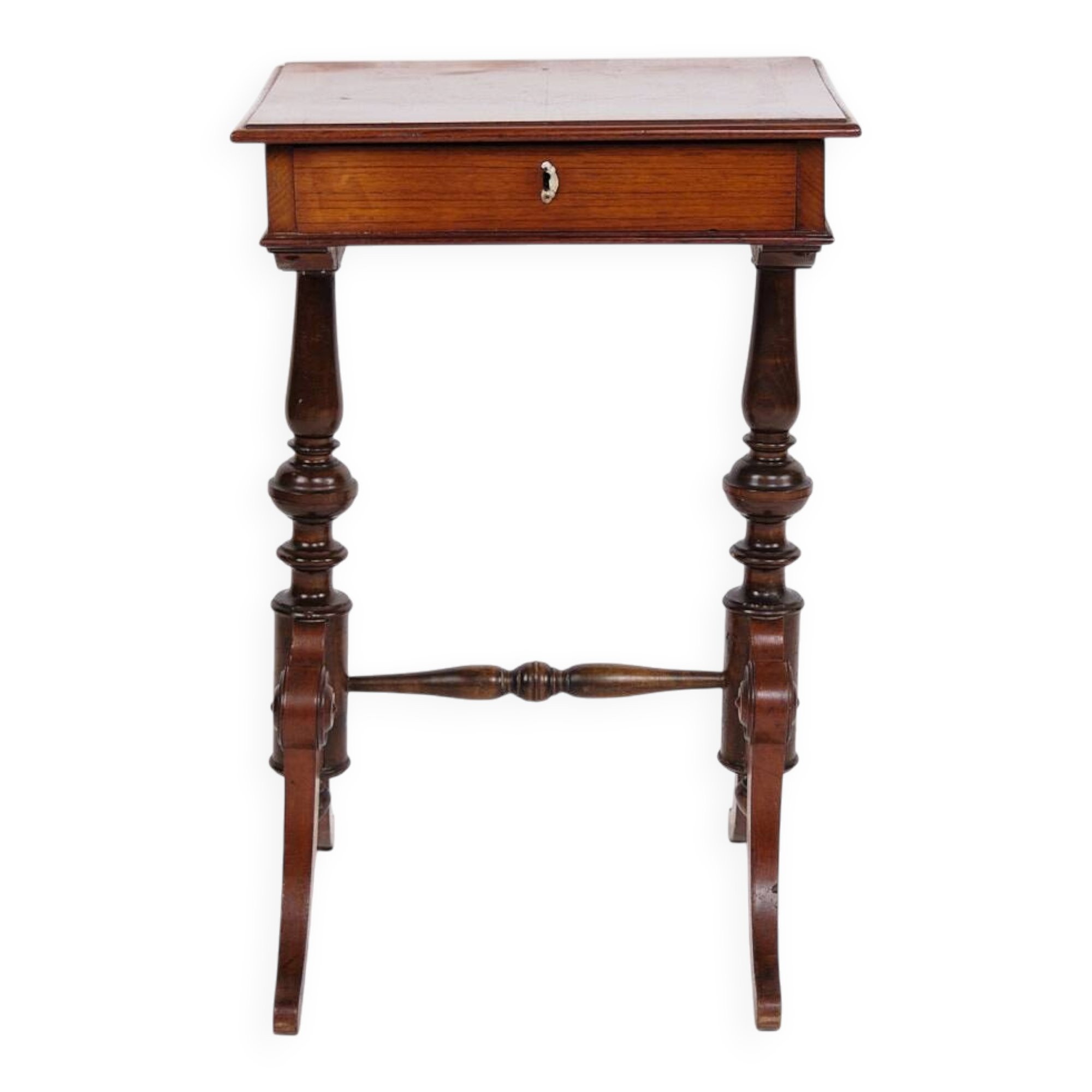 Antique side table with drawer - hand polished mahogany - turned legs - year 1880s