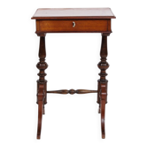 Table d'appoint antique avec tiroir - acajou poli à la main - pieds tournés - année 1880.