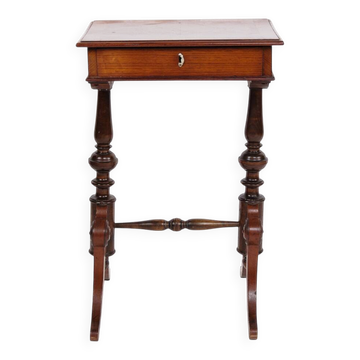Antique side table with drawer - hand polished mahogany - turned legs - year 1880s