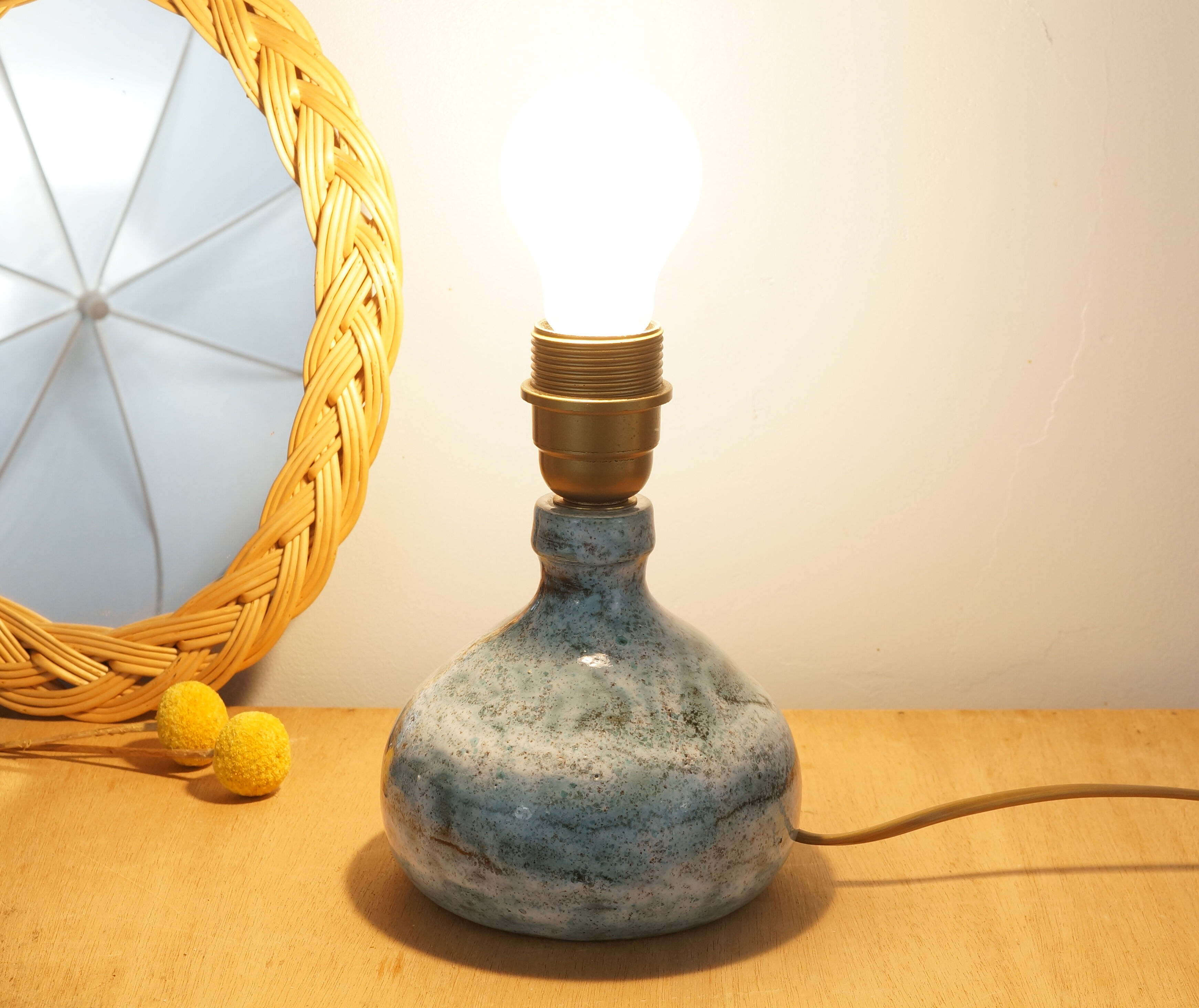 Blue glazed stoneware lamp foot signed 60s or 70s