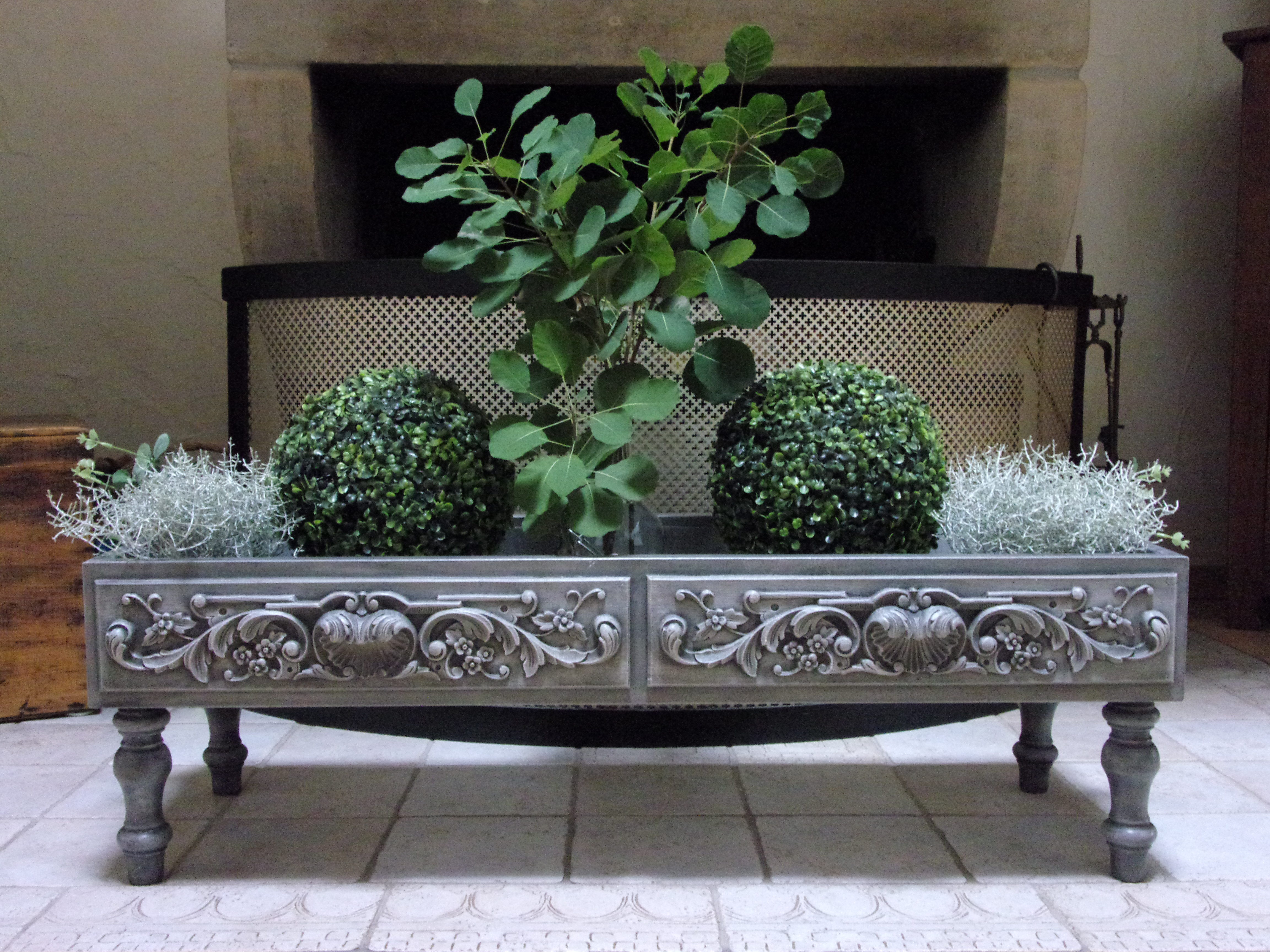 Large baroque style interior planter in gray patinated wood