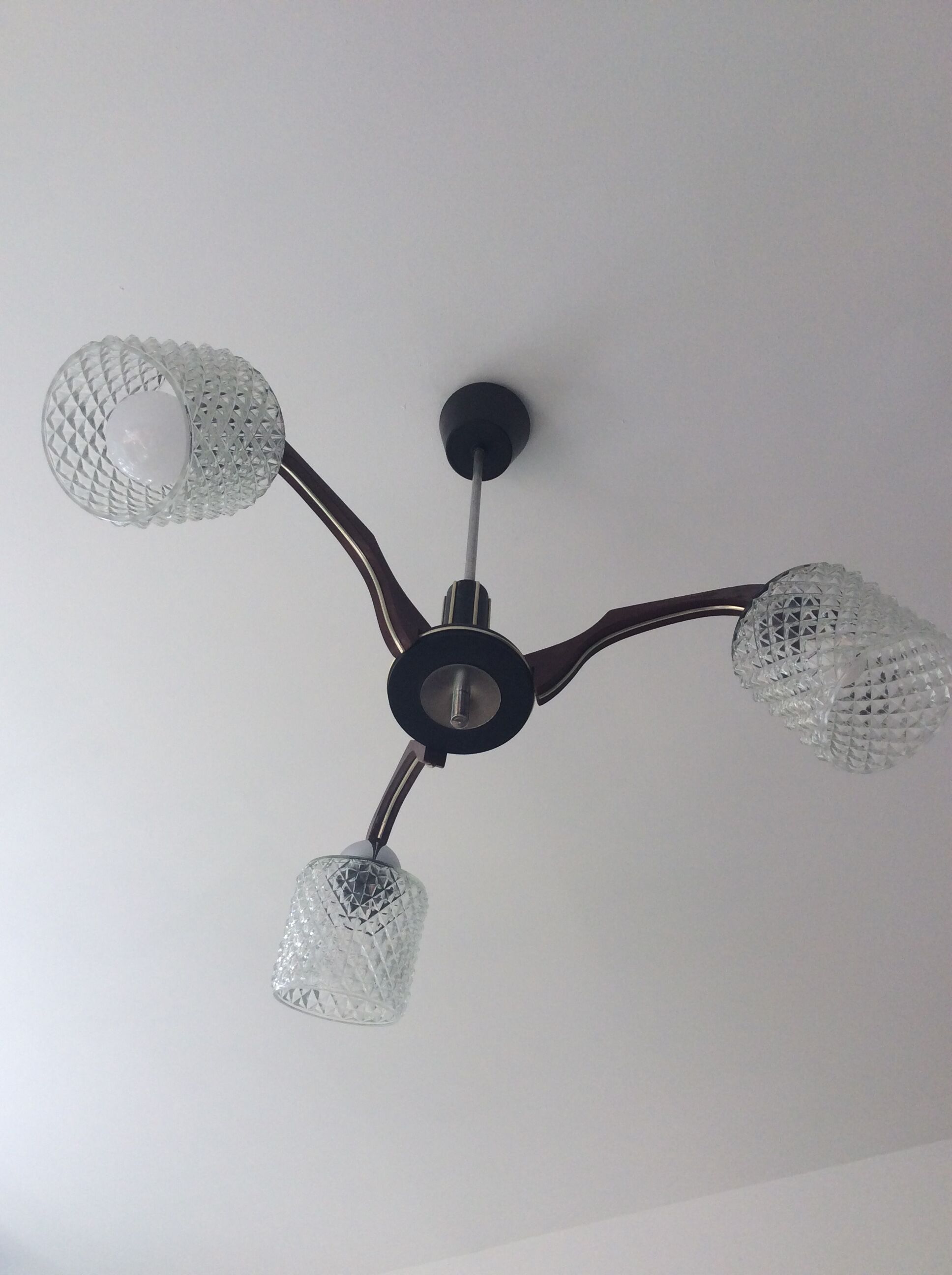 Scandinavian chandelier 60s in teak and molded glass