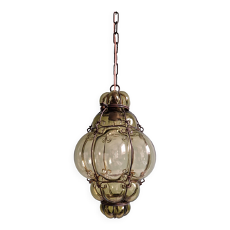 Venetian pendant light in blown glass and wrought metal, mid-20th century