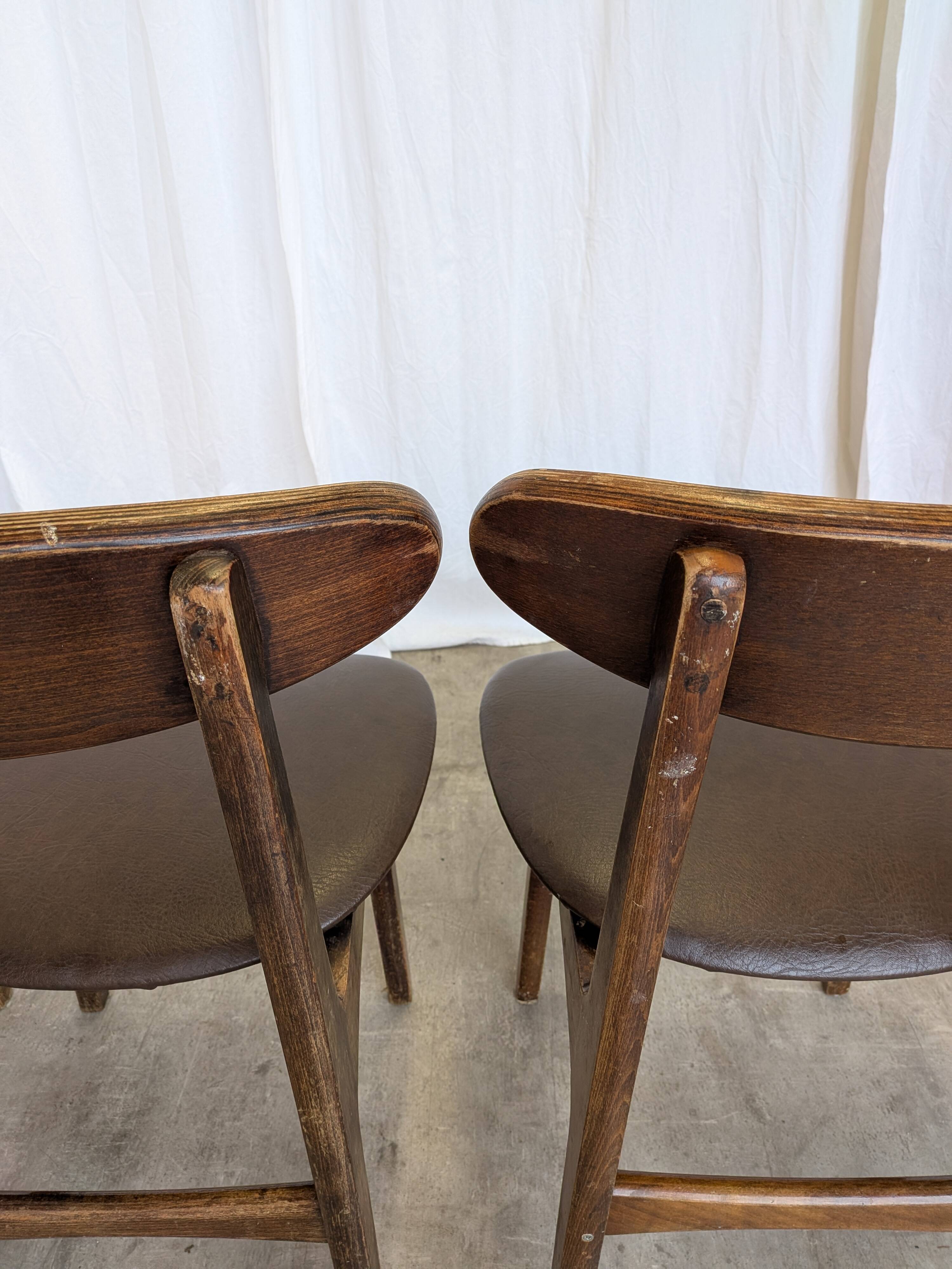 Set of 3 Vintage Wooden Dining Chairs with Brown Leather Seats / Mid-Centur