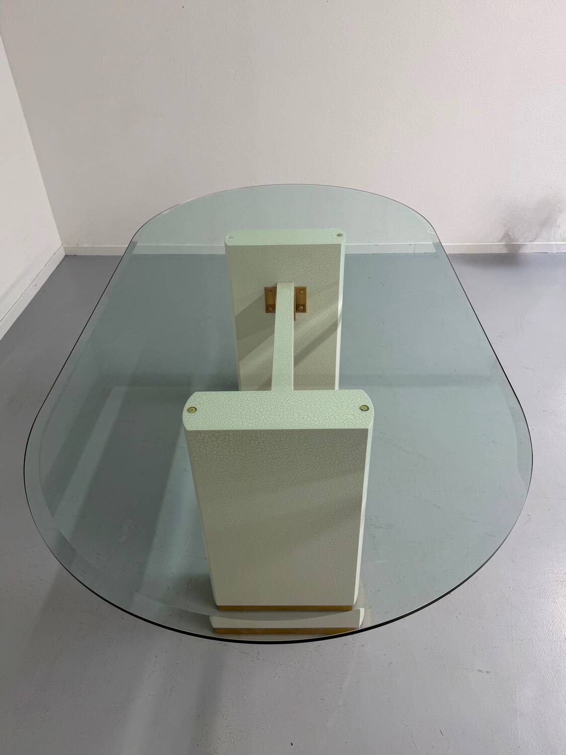 Thonet designer glass dining table with crackled lacquer finish, 1980s vintage