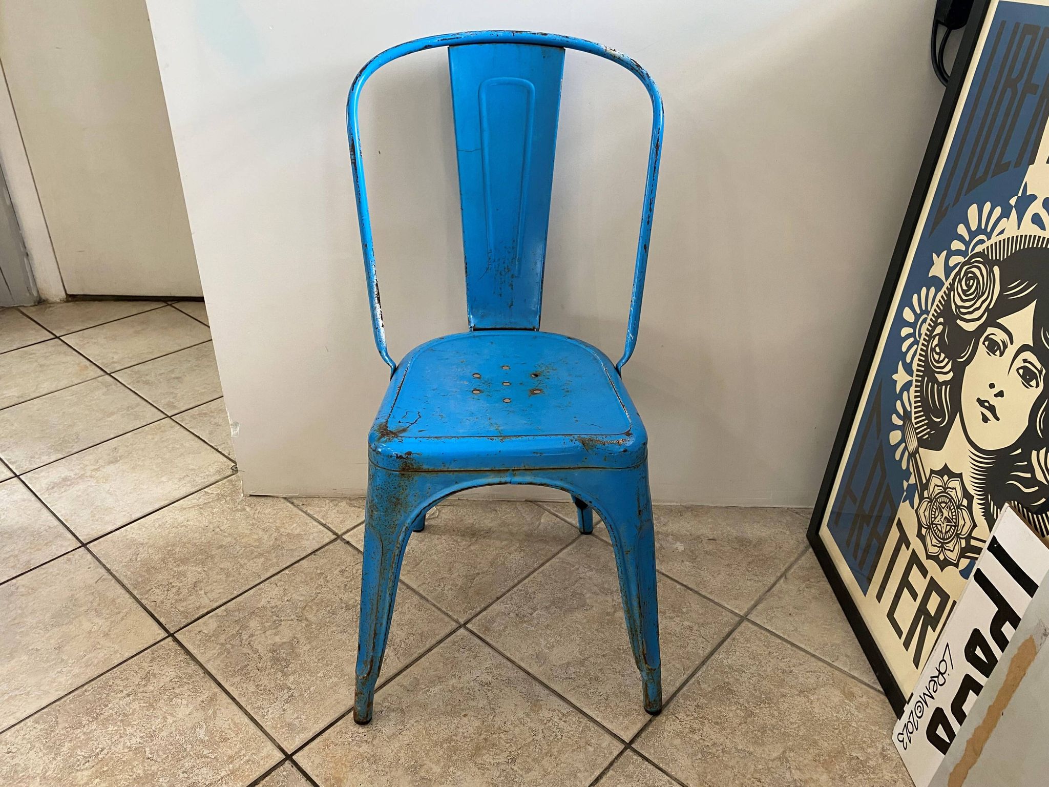 Authentic blue tolix metal chair by Xavier Pauchard vintage industrial 1950