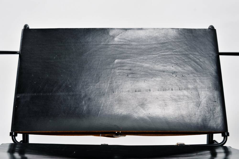 Black modernist design lounge set by Jan van Opzeeland in leather and steel bar, Netherlands, 1980s