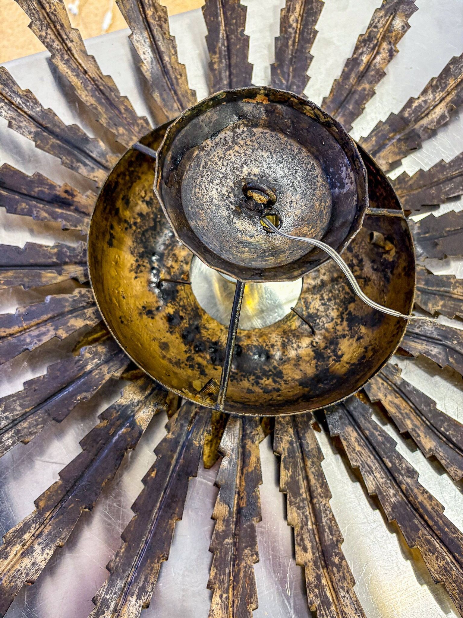 Large French sunburst flower leafed light fixture in gilt metal, 1960s