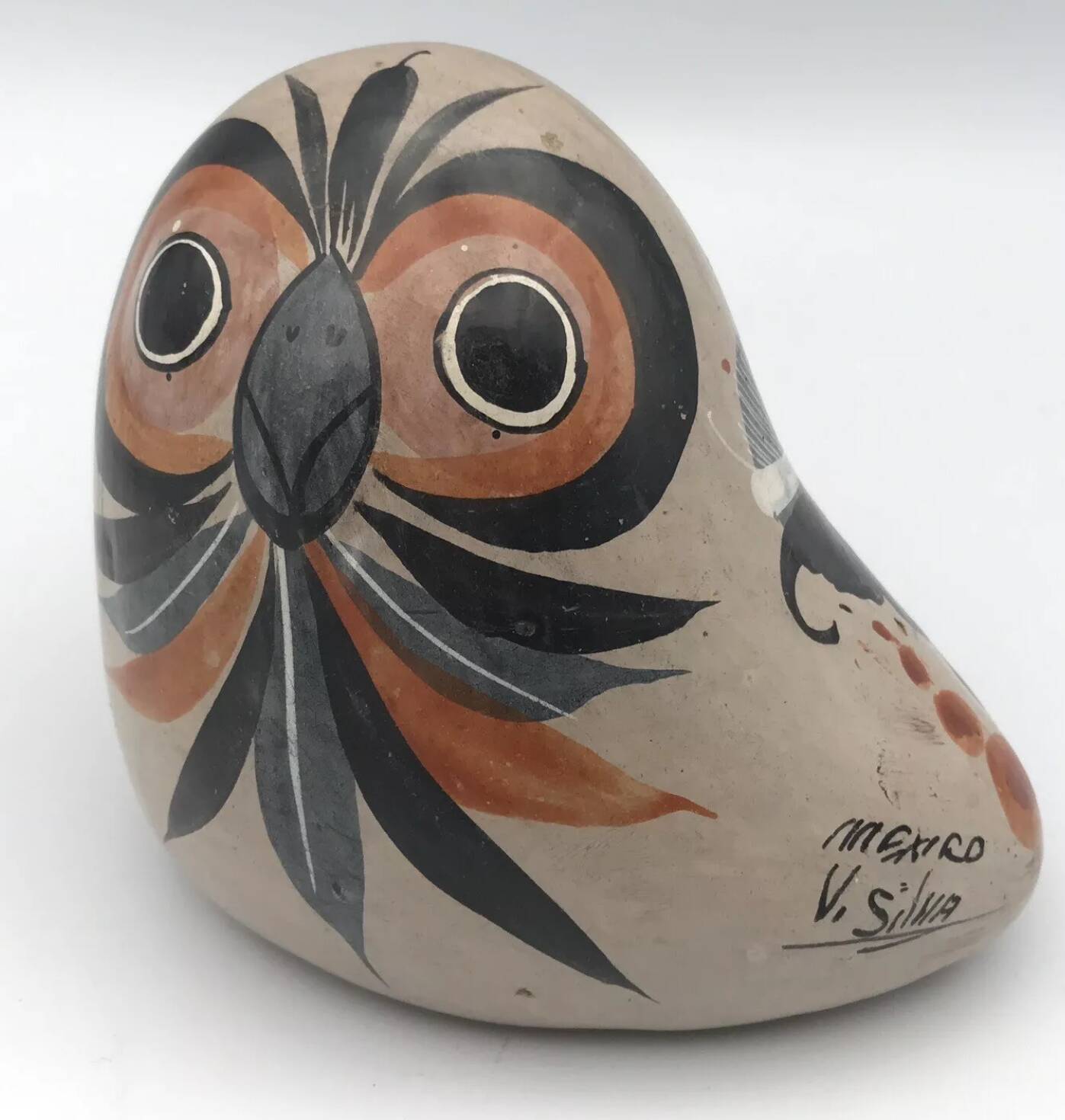 Painted ceramic owl from Mexico signed v.silva