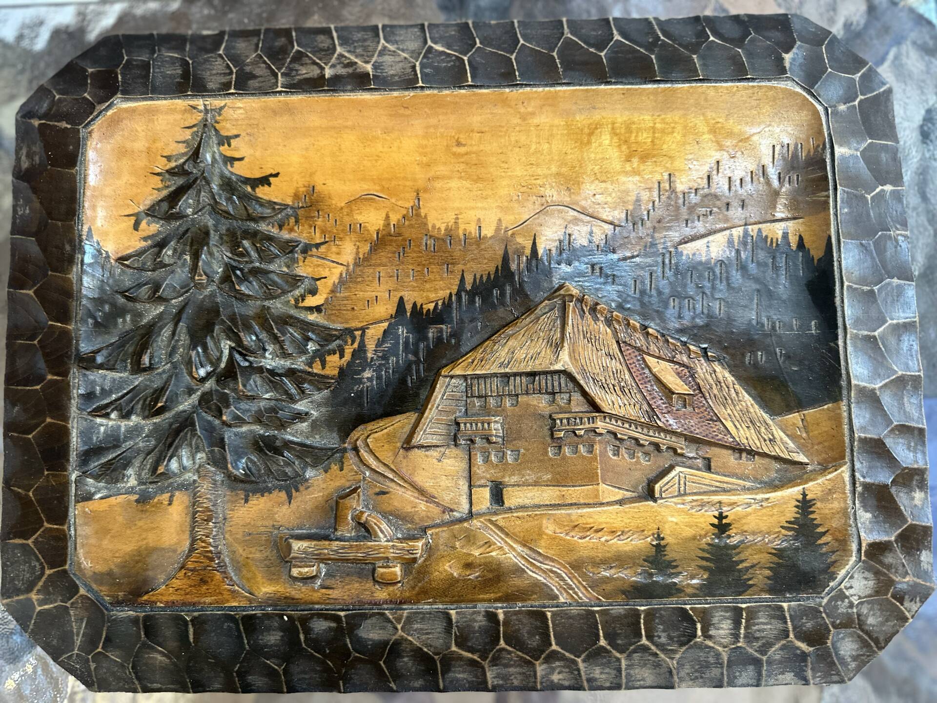 Carved wooden wall panel Black Forest Chalet mountain Switzerland Germany