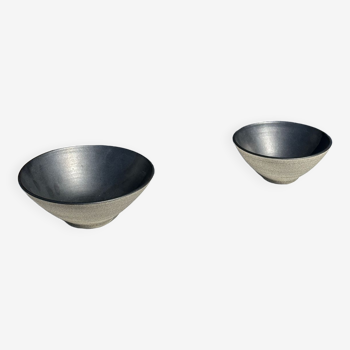 Duo of gray Indonesian ceramic bowls or salad bowls