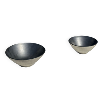 Duo of gray Indonesian ceramic bowls or salad bowls