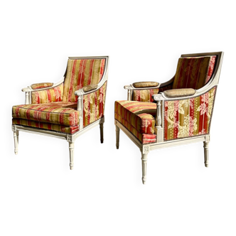 Pair of Louis XVI lacquered bergere chairs circa 1950