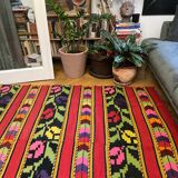Romanian wool rug, red background with colourful tulips248x164cm