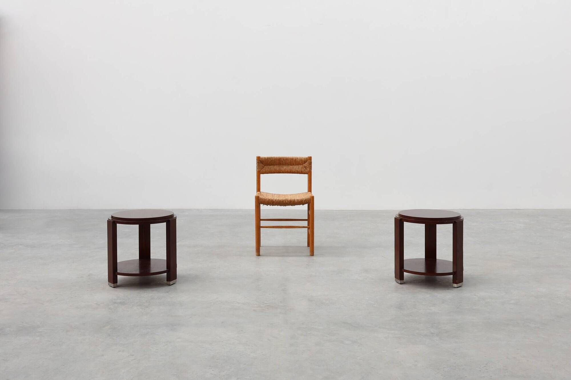 Pair of 2 round side tables in wood with metal, Belgium ca. 1980