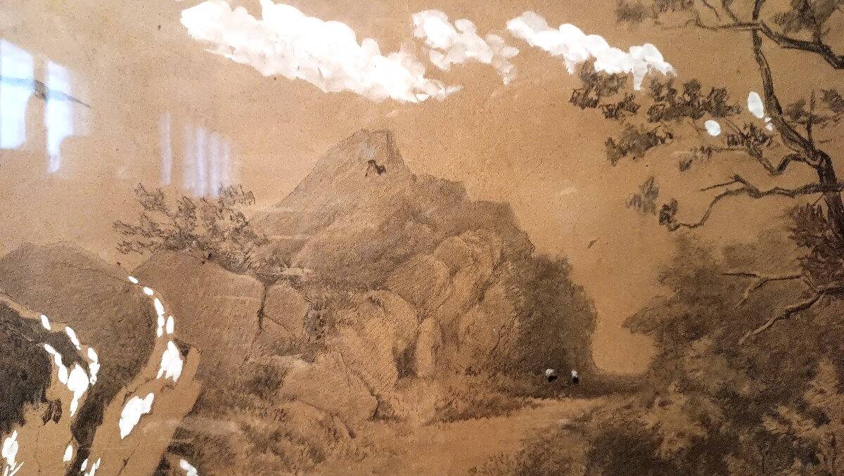 Grande peinture de paysage, techniques mixtes, 19e siècle