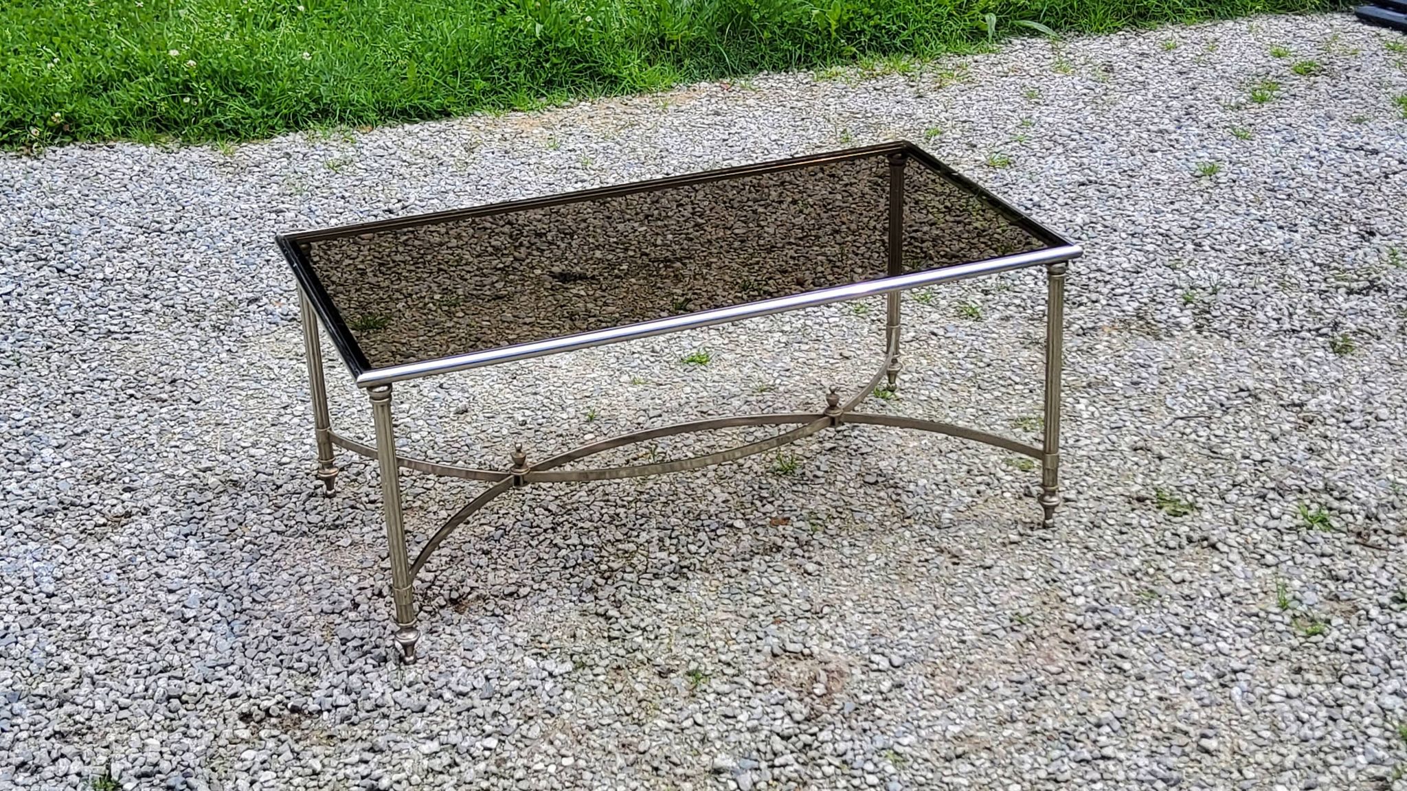 Chrome metal coffee table with smoked glass top in neoclassical style, 1970s.