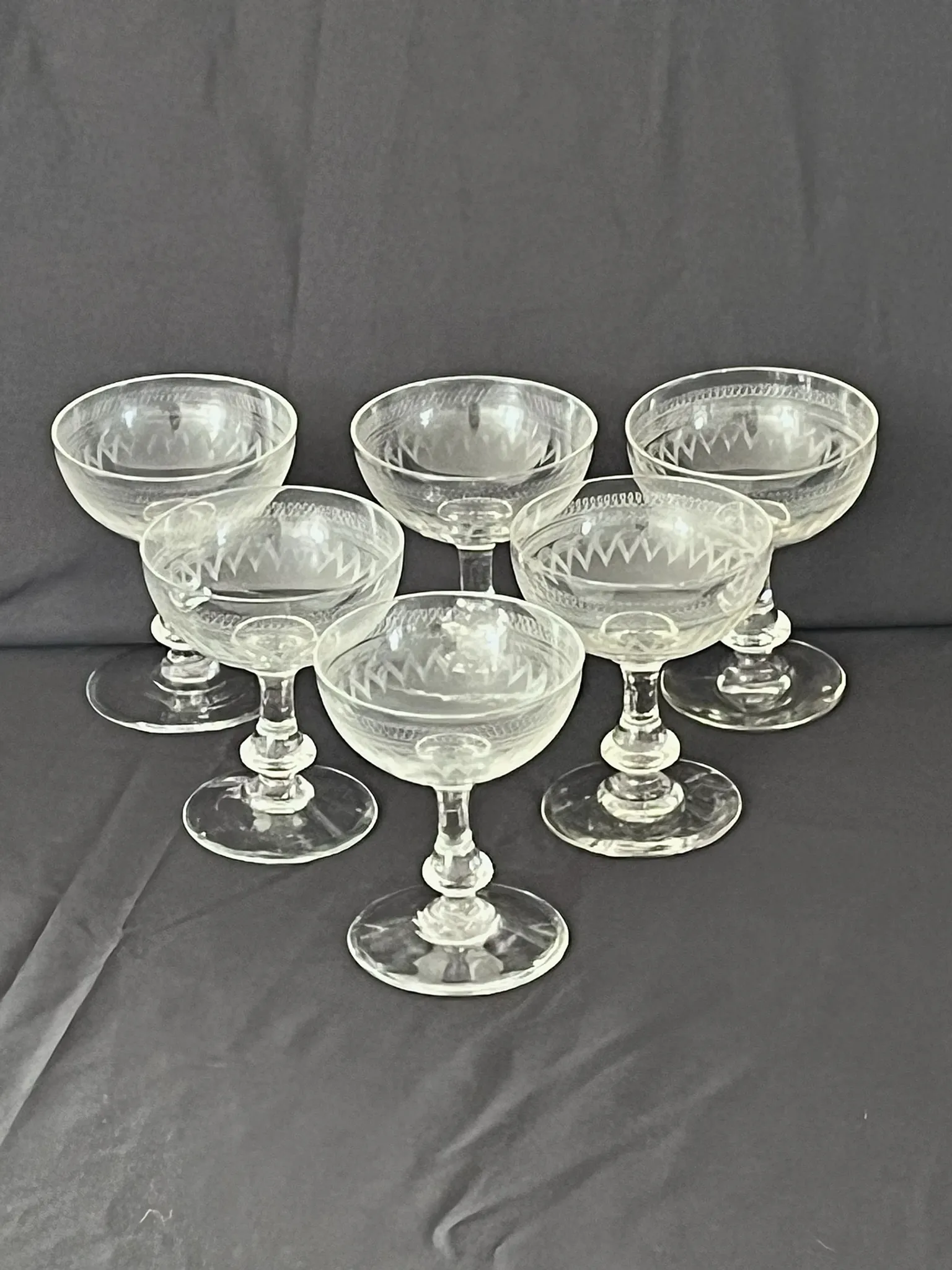 Champagne Coupes – Set of 6 Antique Hand Engraved Art Deco Stemware