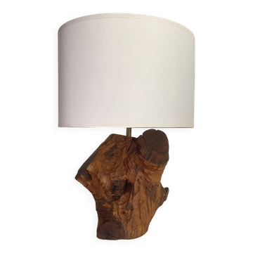 Brutalist wooden lamp, new 2m fabric cable, lampshade.