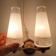 Pair of vintage double-light wall sconces in brass and etched glass from the 60s/70s.