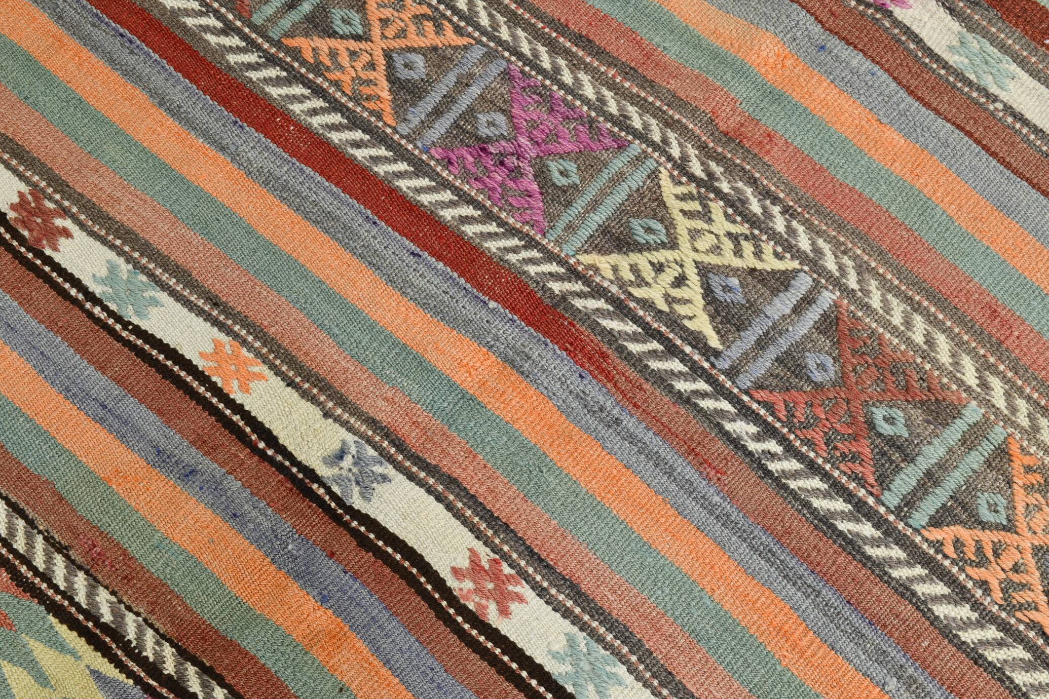 6x8 Ethnic Striped Green & Orange Kilim Rug, 176x230Cm