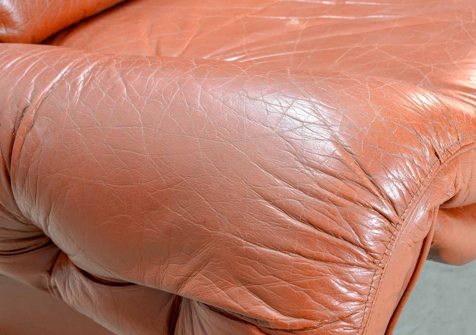 Brutalist Sculptured Brazilian Style Cognac Leather Lounge Chair, 1970s