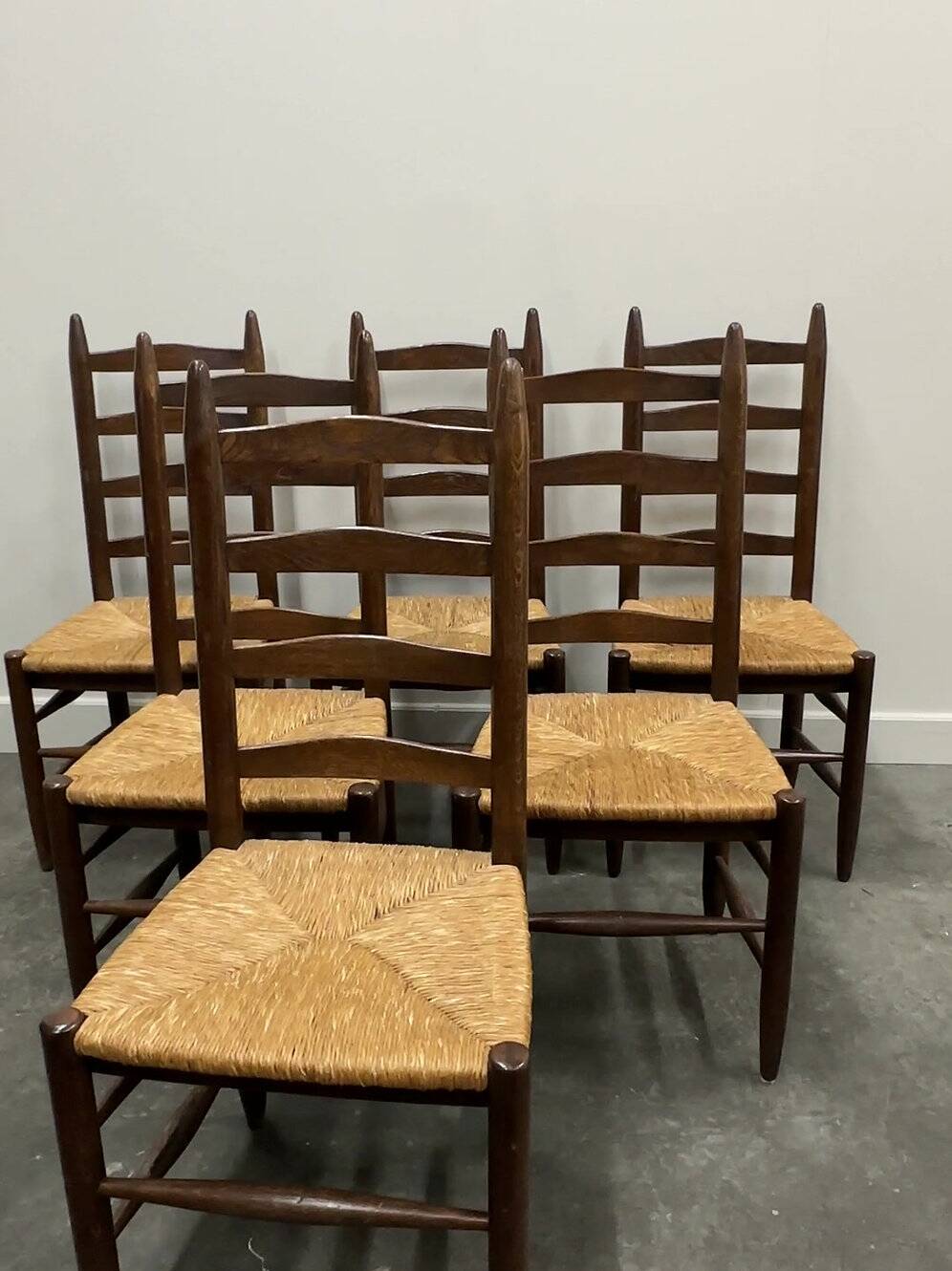 Set of 6 French primitive oak dining chairs