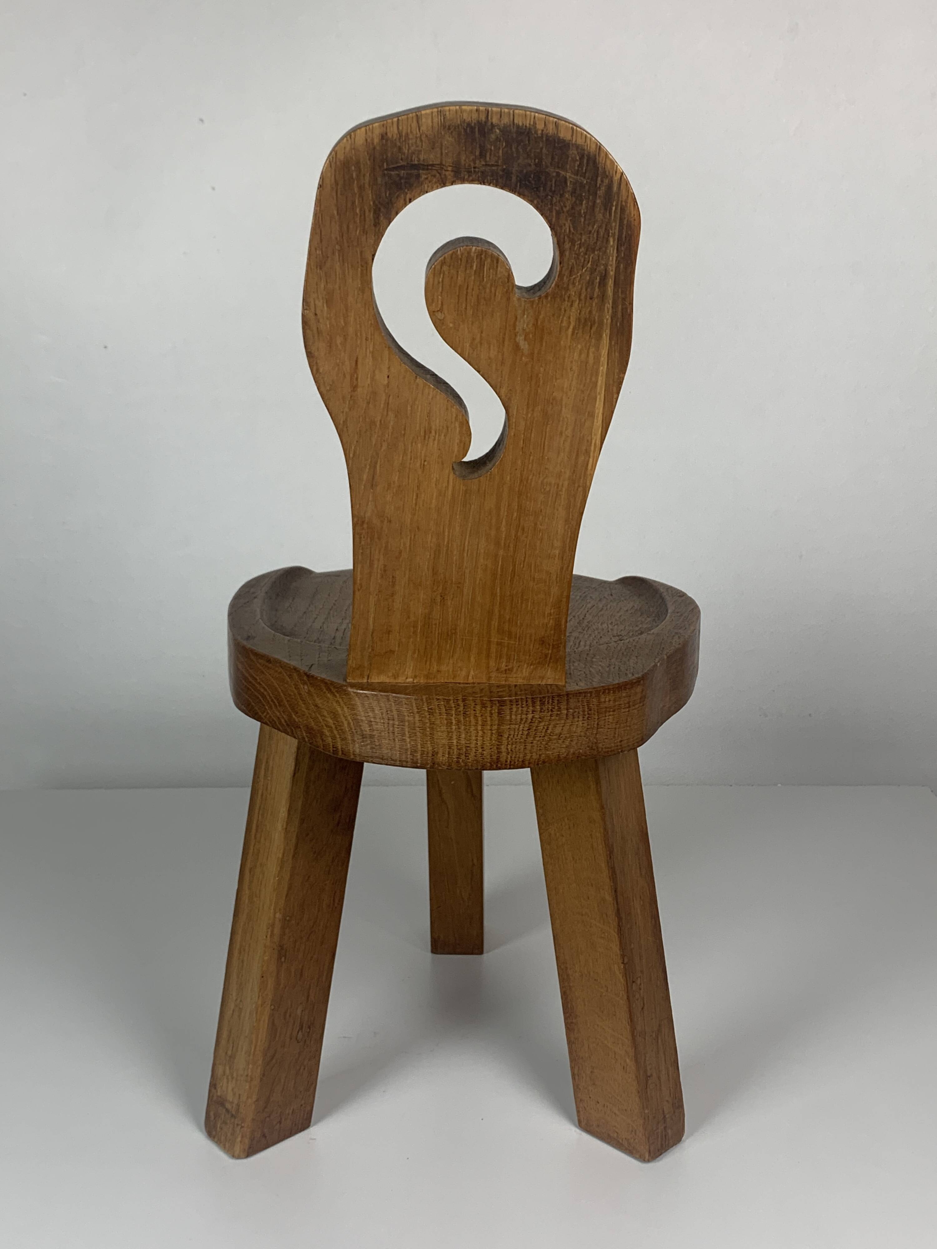 Sculptural Brutalist Chunky Tripod Stool in Oak, 1960s