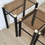 Set of 3 vintage nesting tables in smoked glass and black metal – 1970s