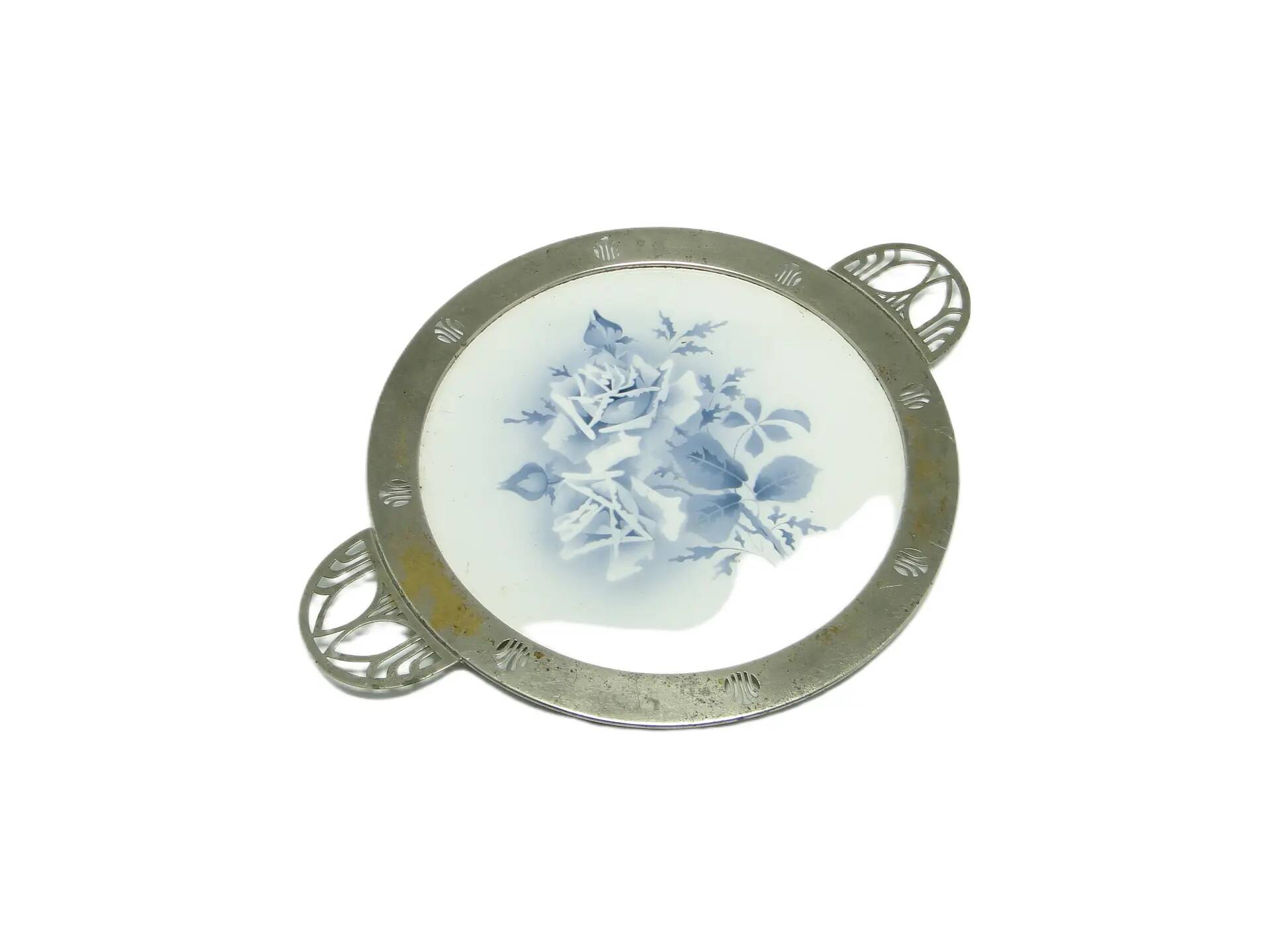 Art Nouveau tray, silver-plated brass, white porcelain, Austria, early 20th century