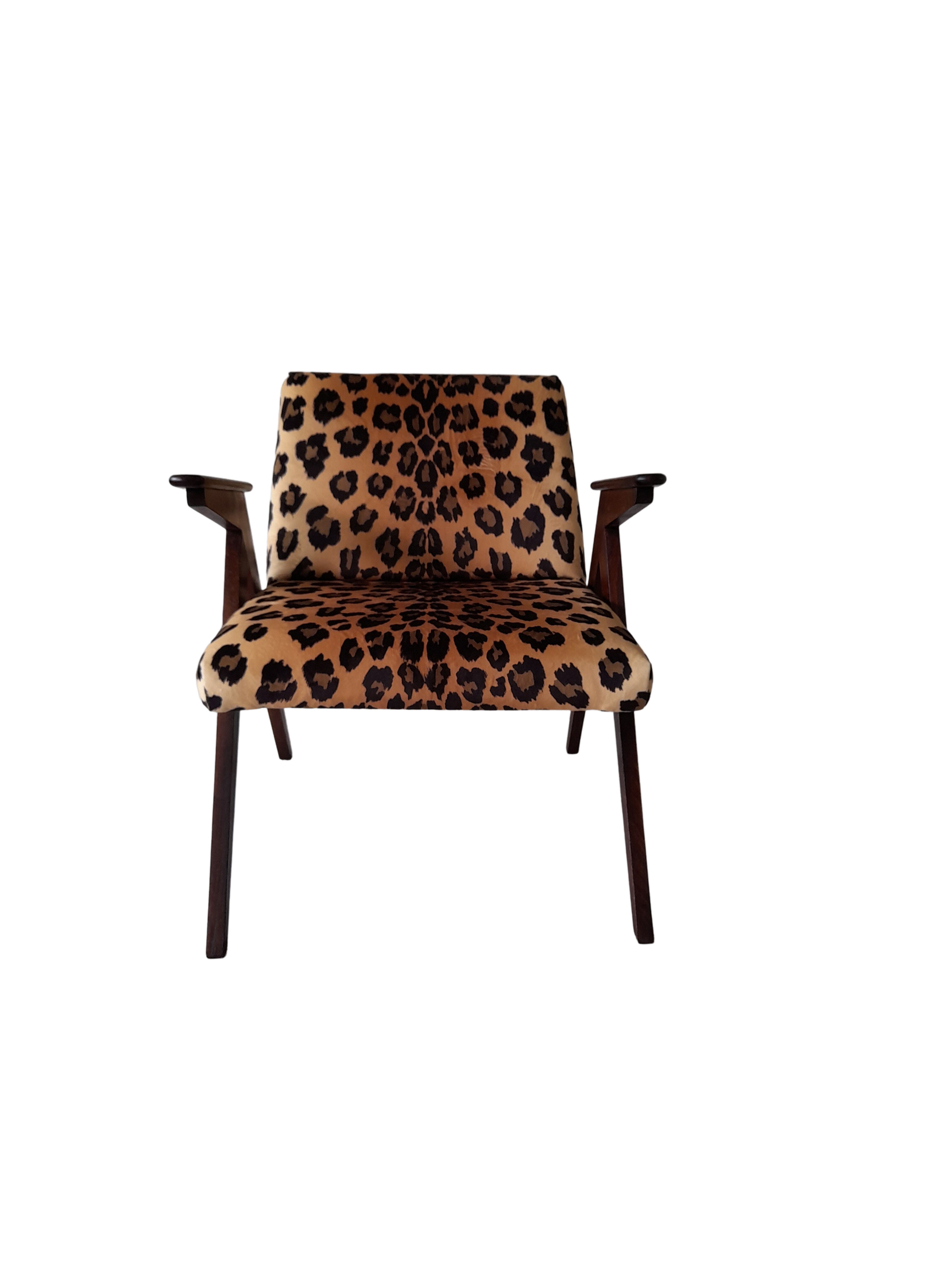 Leopard print velvet bunny armchair from dolnośląskie fabryki mebli, 1960