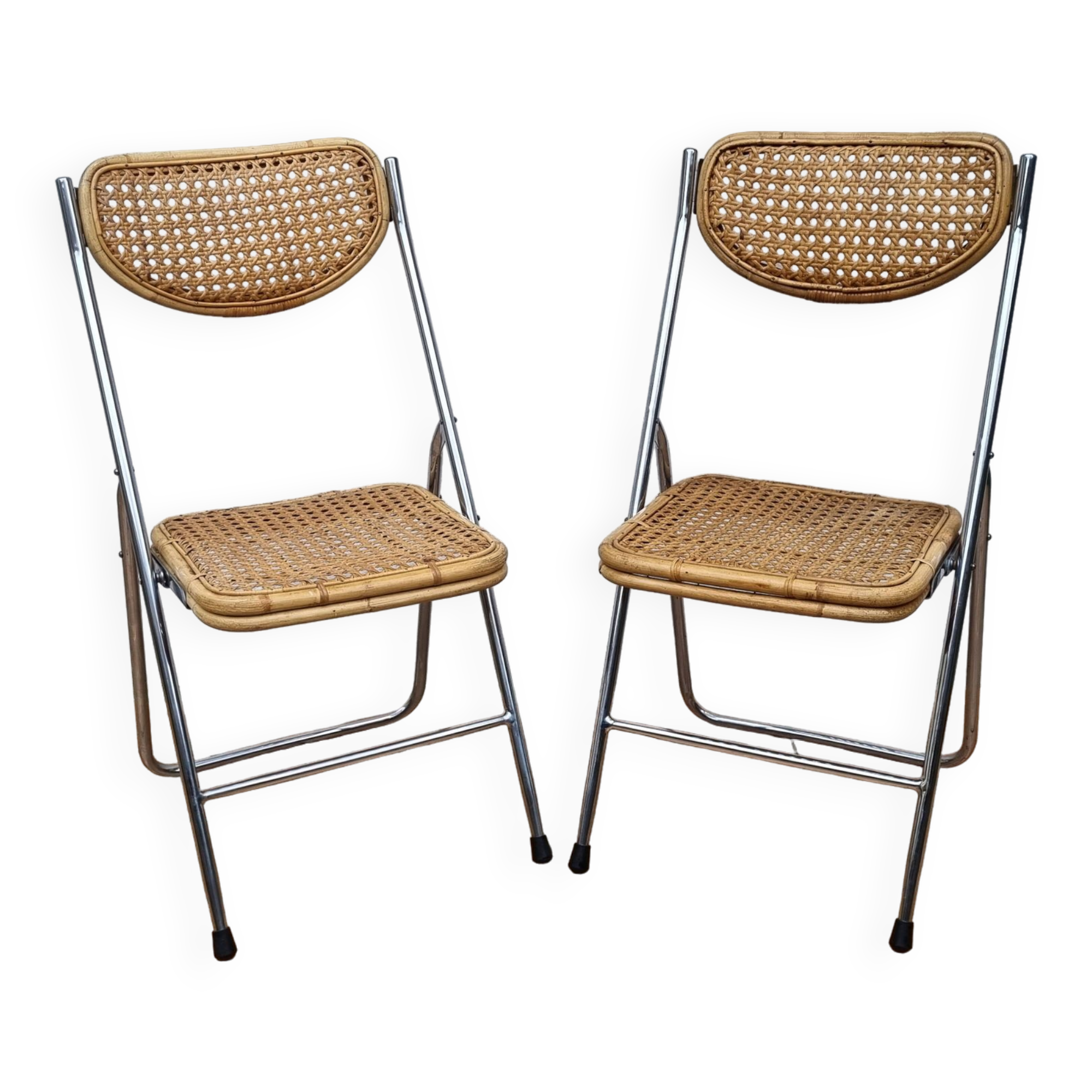 Pair of vintage metal and cane folding chairs