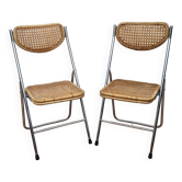 Paire de chaises pliantes en métal et cannage vintage