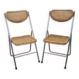 Paire de chaises pliantes en métal et cannage vintage