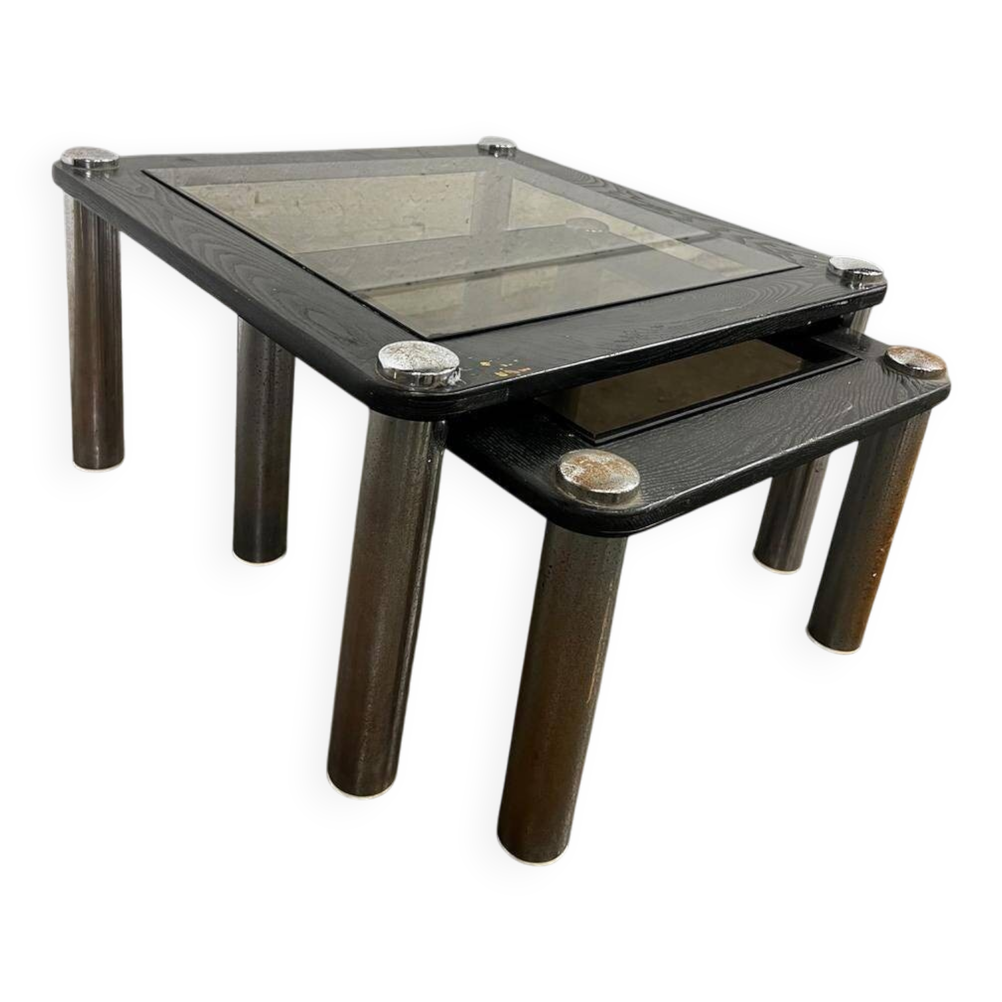 Set of 2 vintage nesting tables: wood and smoked chrome