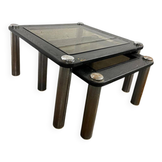 Set of 2 vintage nesting tables: wood and smoked chrome