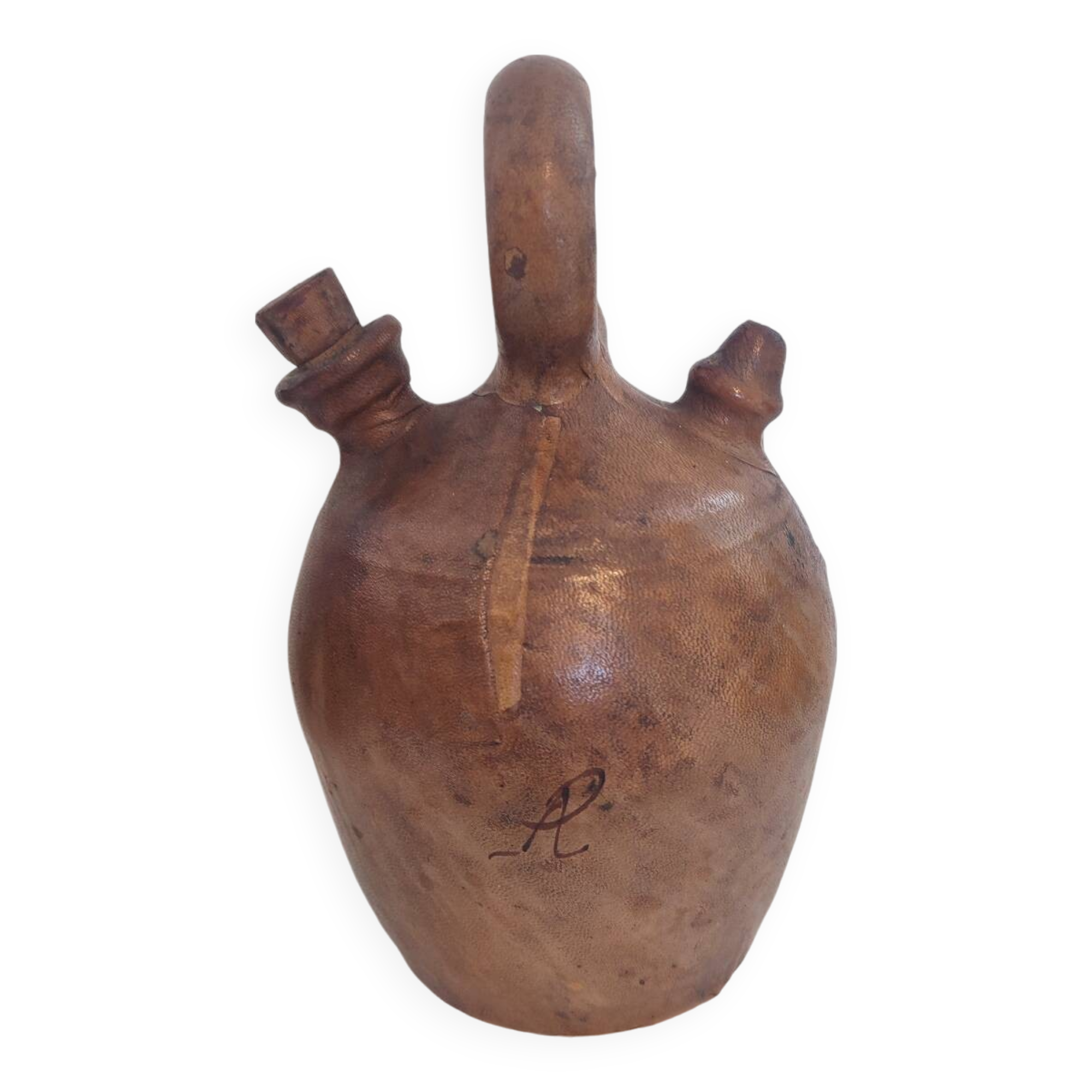 Gargoulette, terracotta jug covered with leather