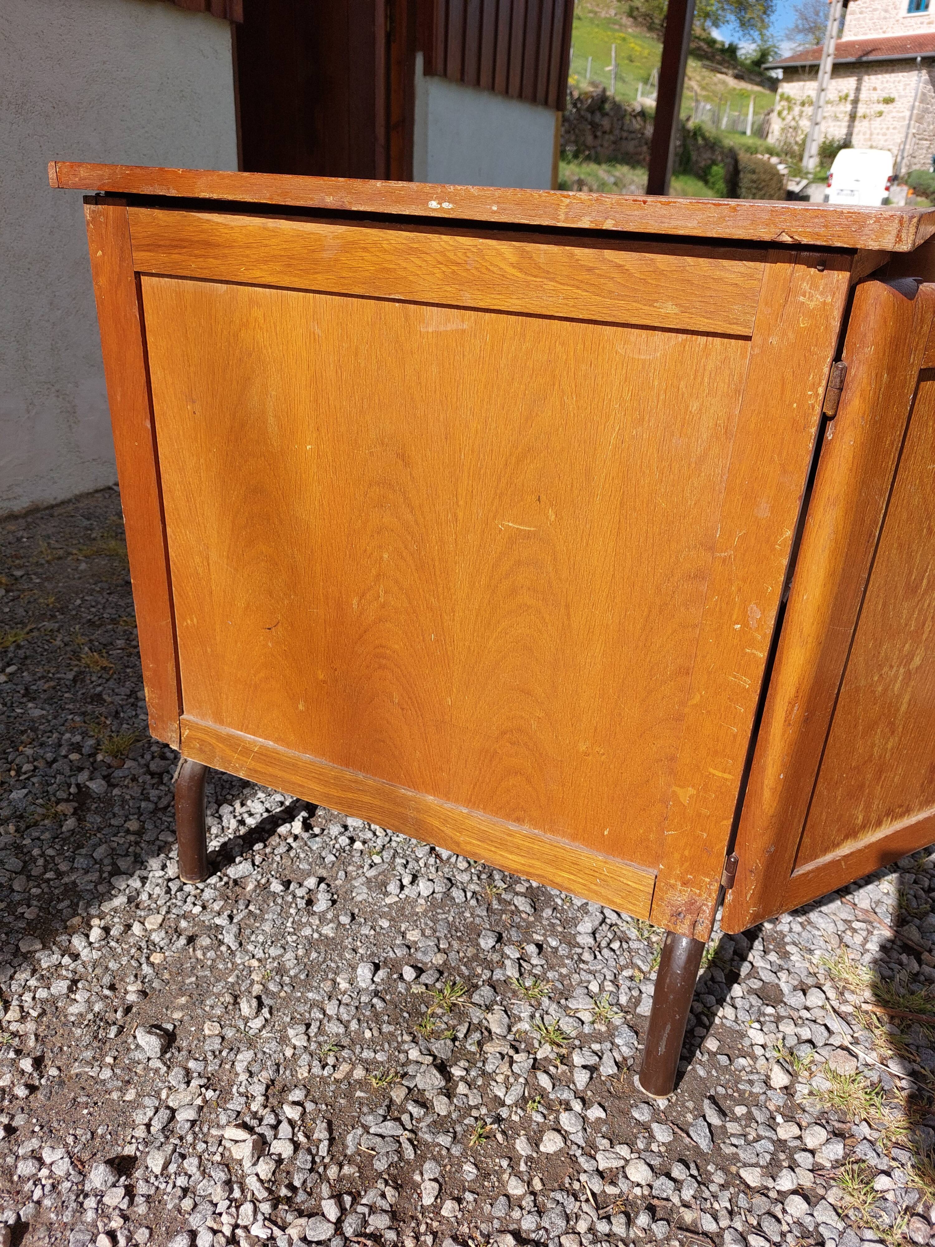 schoolmaster's desk, wood and metal, with drawers and cupboard