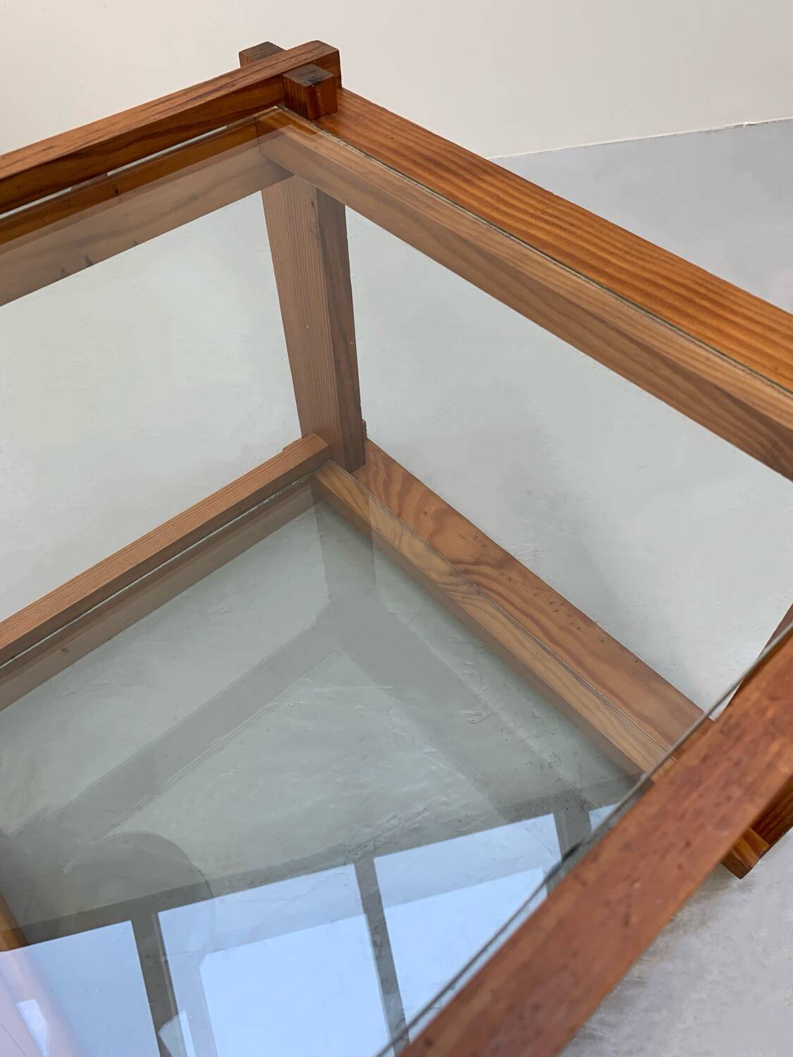 Small glass and pine side table, 1970s