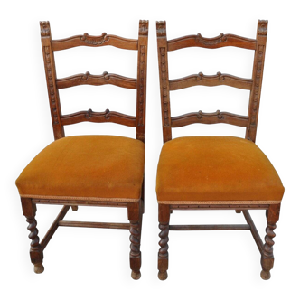 Pair of mid-century chairs from the 1950s in brown oak and straw yellow velvet — set of 2