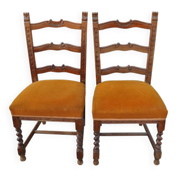 Paire de chaises mid-century 1950s en chêne marron et velours jaune paille — set de 2